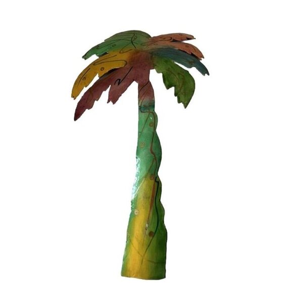 2 PCS Haiti Handmade Colorful Pink House Palm Tree Rustic Metal Wall‎ Hanging - Picture 2 of 6